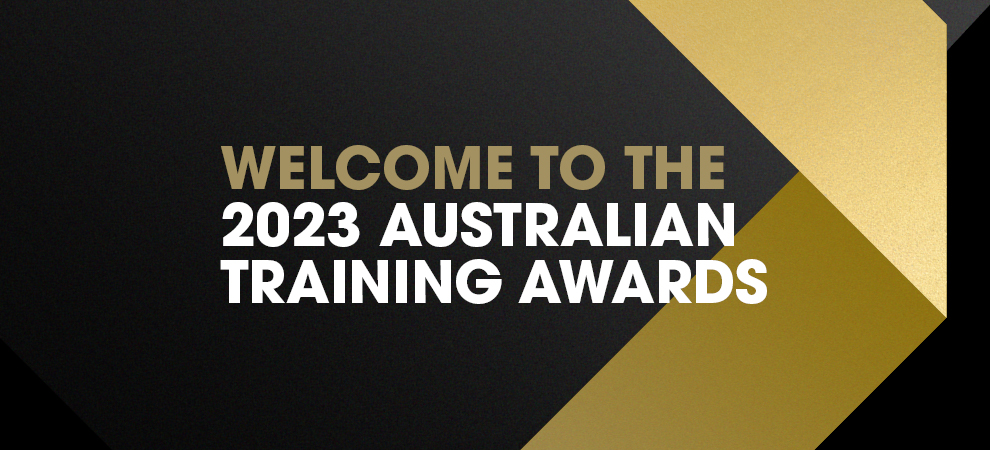 Black and gold title that says welcome to the 2023 Australian Training Awards