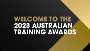 Black and gold title that says welcome to the 2023 Australian Training Awards
