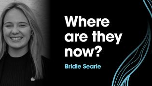 Photo of Bridie with the text: Where are they now? Bridie Searle